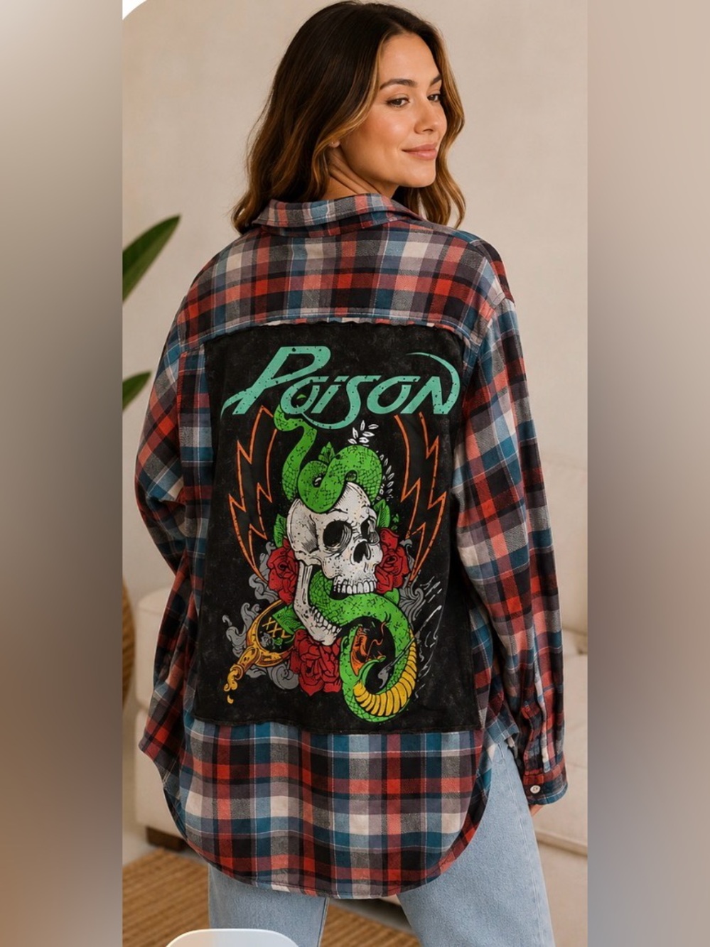 GAP Upcycled Plaid Button-Up Shacket with Poison patch on back - Size Medium